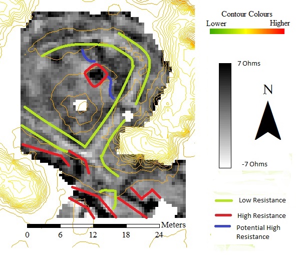 Figure 2 - Resistivity Survey of part of the motte interior. Notable features are enclosed by coloured lines. Negative ohm values caused by the high pass filter. Contours from a raster. ArcGIS 10.1.