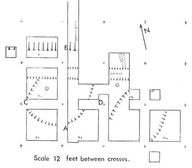 Site plan showing the box grid. From Combley, Notman, Pike, 1964 report.