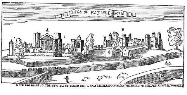 Figure 6 - Wenceslaus Hollar's 'The Siege of Basing House'. The text reads 'A THE OLD HOUSE. B. THE NEW. C. THE TOWER THAT IS HALFE BATTERED DOWN. D. KINGS BREASTWORKS. E. PARLAMENTS BREASTWORKS' [sic]. After (Wikipedia 2013)